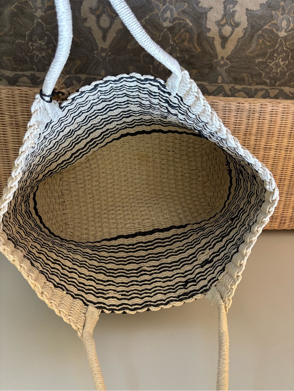 Woven Straw Tote Bag with Black Stripe Detail - Picture 4 of 5